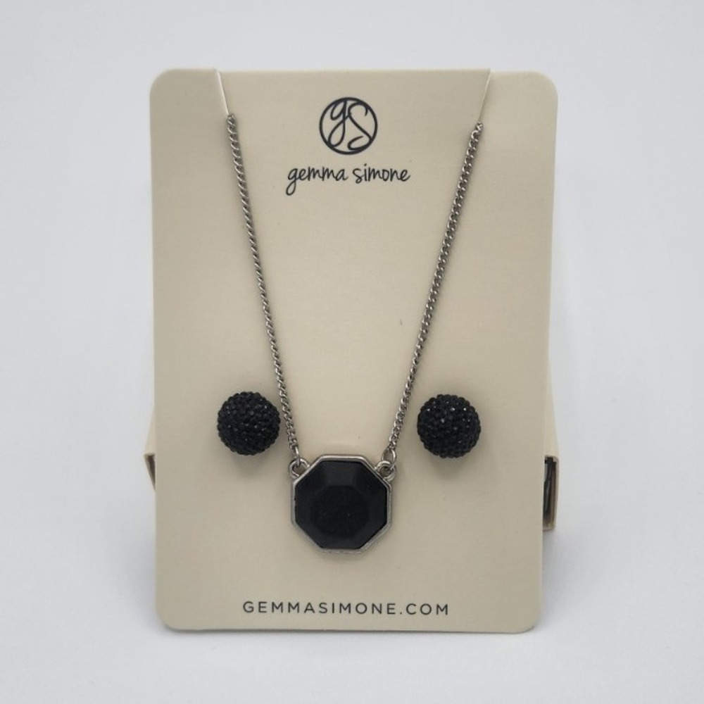 Gemma Simone Black Octagon Jewelry Set Necklace & Earrings Silver